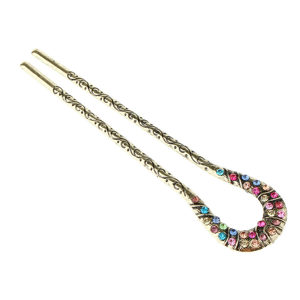 Retro Chinese Rhinestone Fork Hair Stick Wedding Bridal Chignon Pin Colorful