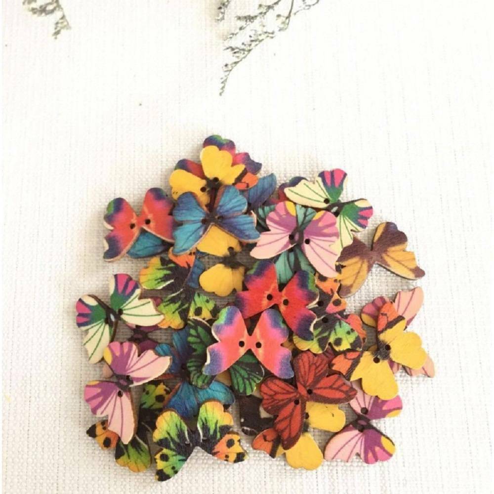 100* DIY 2 Holes Mixed Butterfly Shape Wooden Sewing Mend Scrapbooking Buttons~