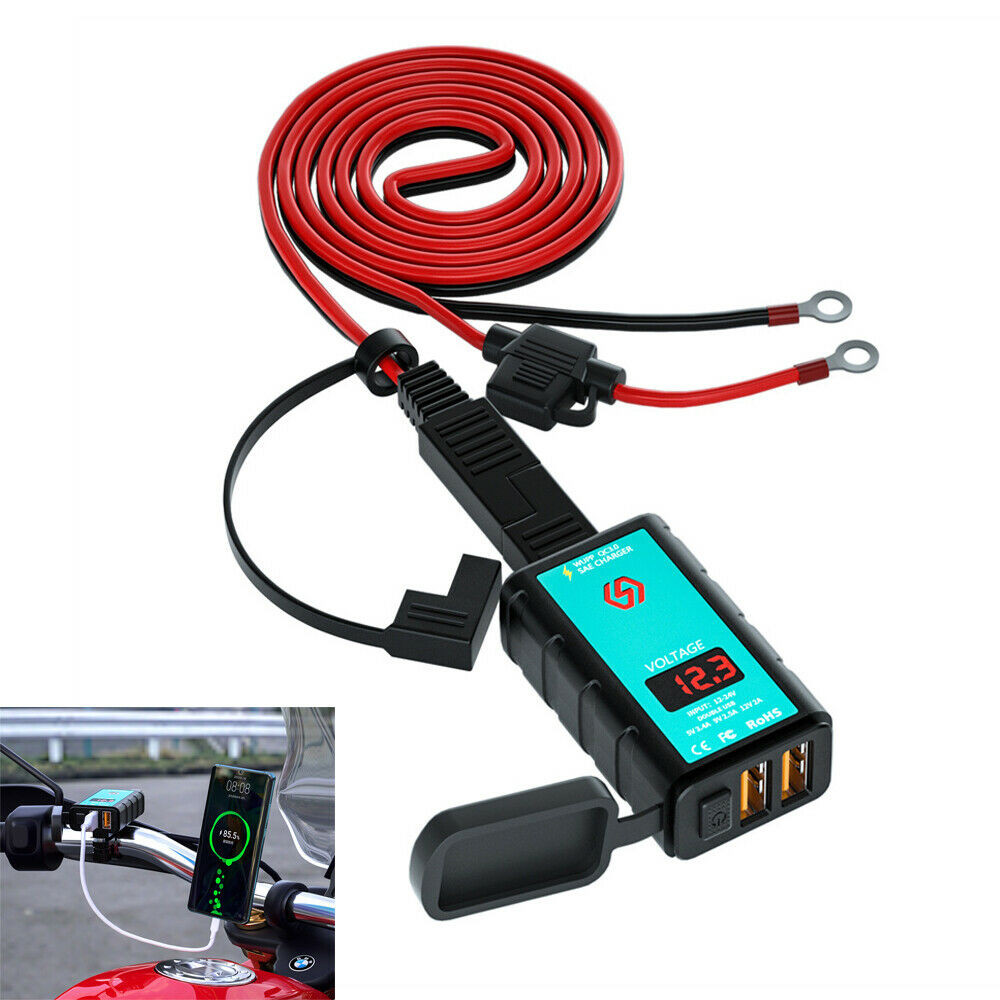 Motorcycle Scooter Dual USB Fast Charger w/ Voltmeter Power Switch SAE Socket
