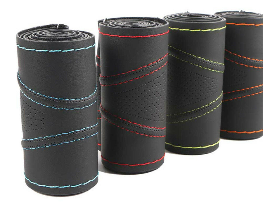 38cm Black  &Blue Suture Micro Fiber Leather Handmade Car Steering Wheel Covers