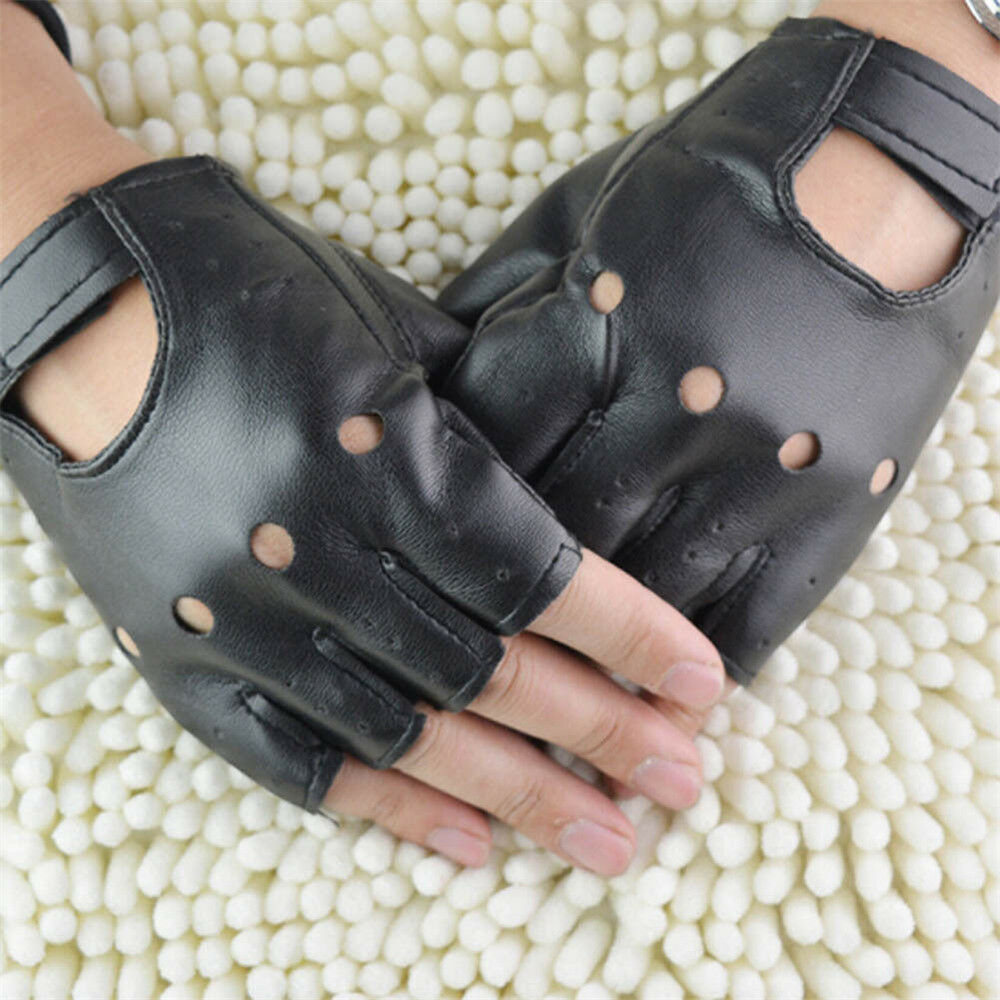 Mens Punk Fuax Leather Gloves Half Finger Fingerless Biker Cycling Sports Black