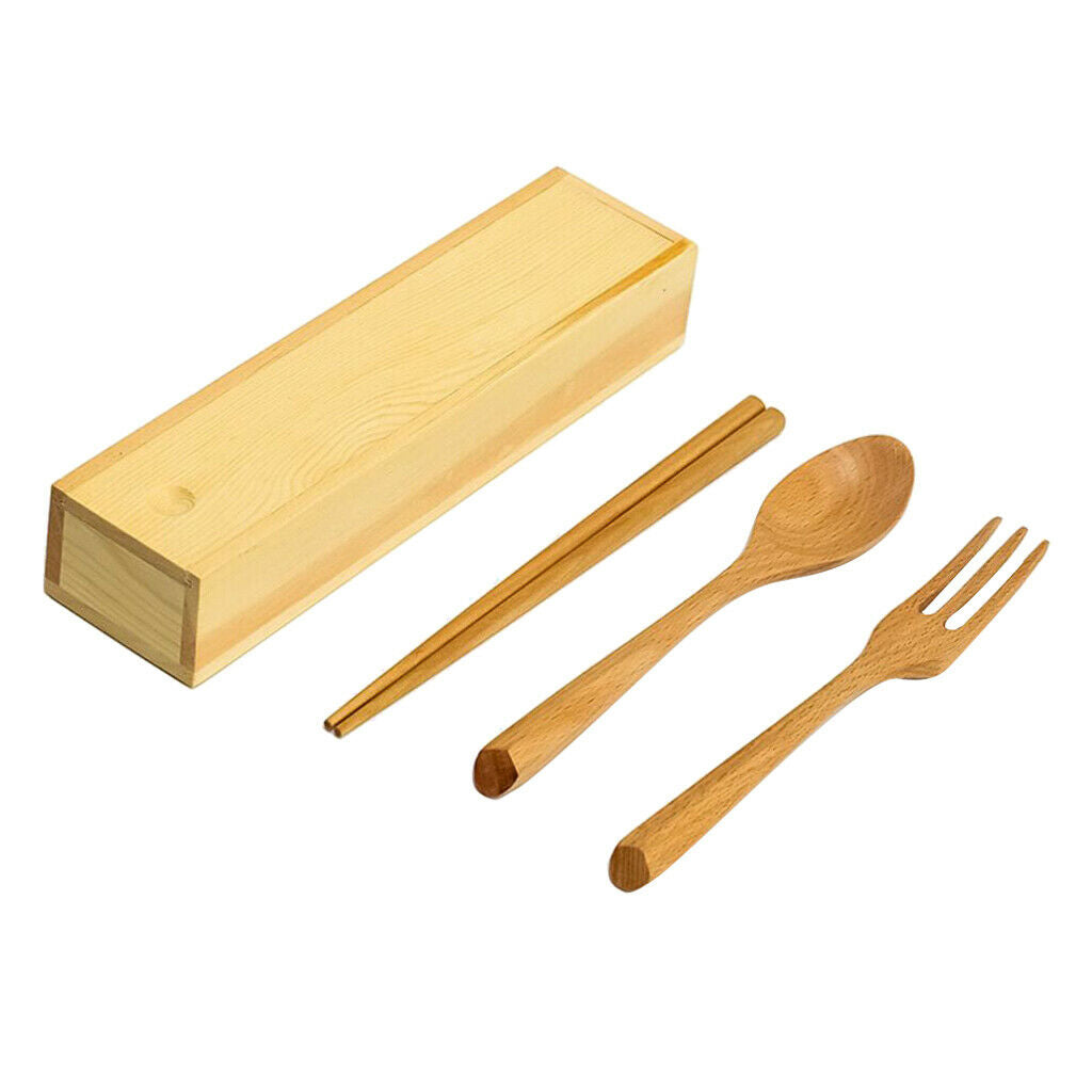 3PCS Wooden Chopsticks Spoon Fork Set with Box Japanese Style Eco-Friendly