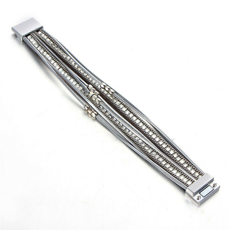 Women Multilayer Crystal Leather Magnet Wrap Cuff Charm Bracelet Jewelry .l8