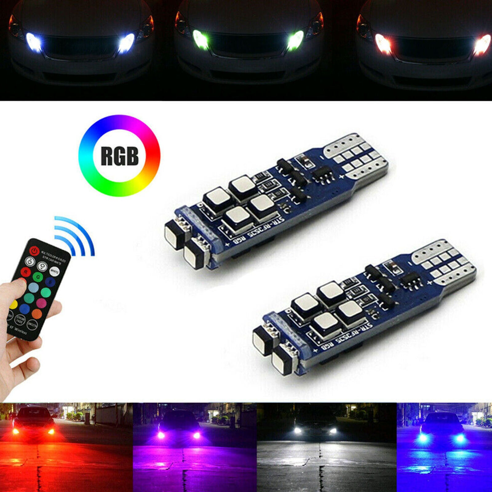 Multi-Color RGB 168 194 T10 LED Bulbs w/RF Remote Control For Car Parking Lights