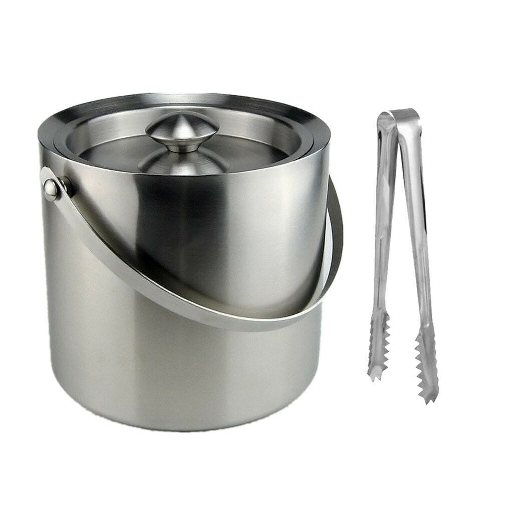 3L Double Walled Stainless Steel Ice Bucket Wine Drink Cooler with Tong