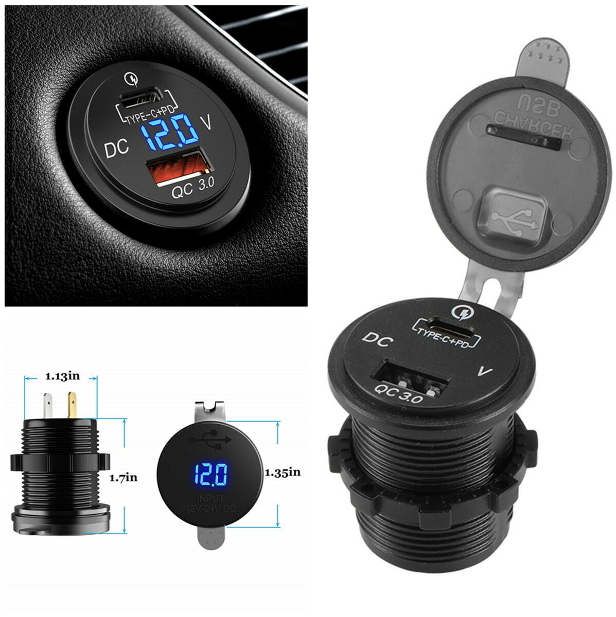 LED Digital Voltmeter 36W QC 3.0 USB Ports Phone Charger with Waterproof Cover