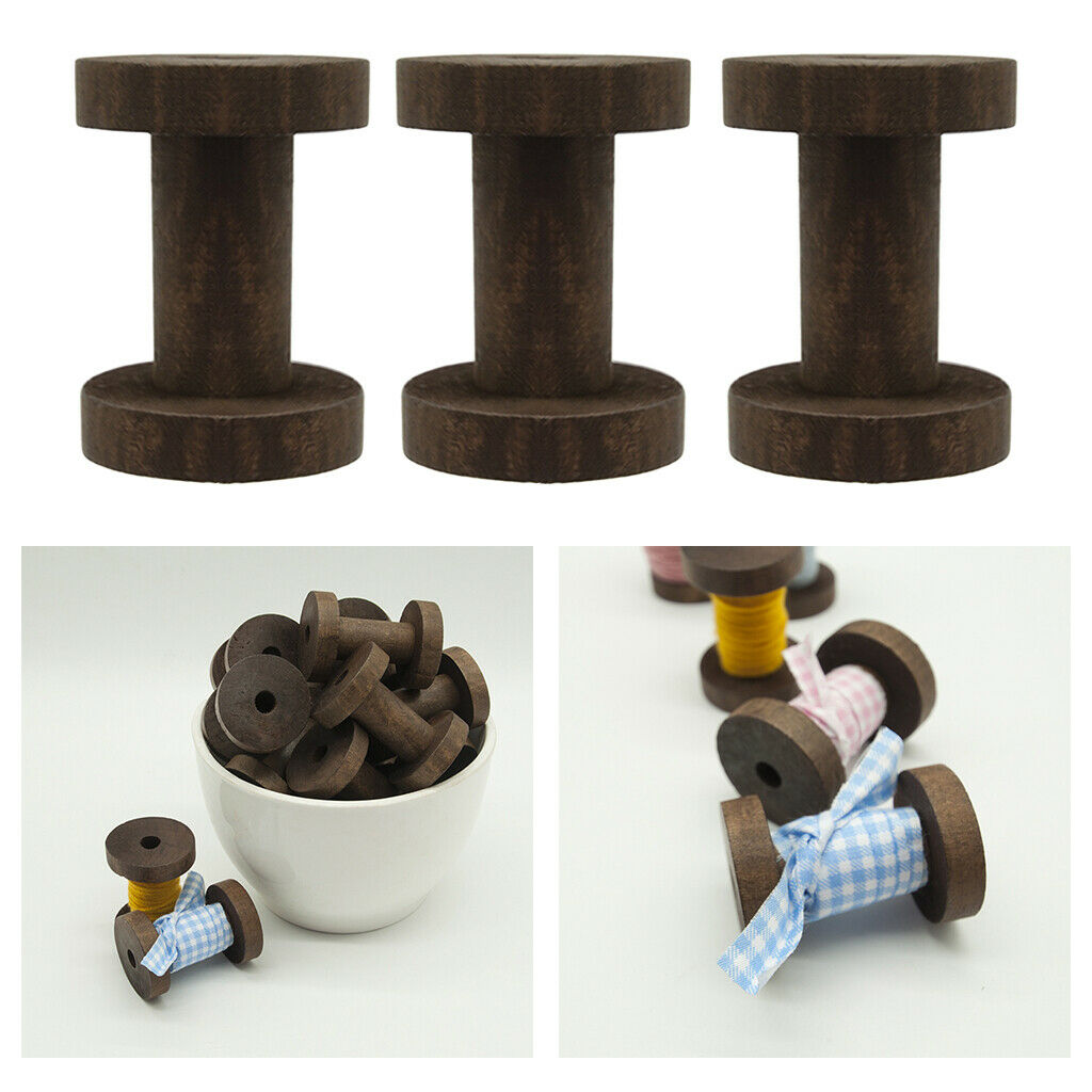 3x Wooden Empty Thread Spools Natural Wire Elastic Cord Yarn Thread Bobbins