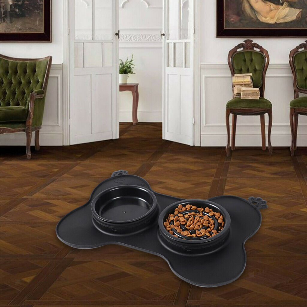 Double Dog Cat Bowls Slow Feeder Bowl Puppy Cats Kitten Bowl Dish Black S