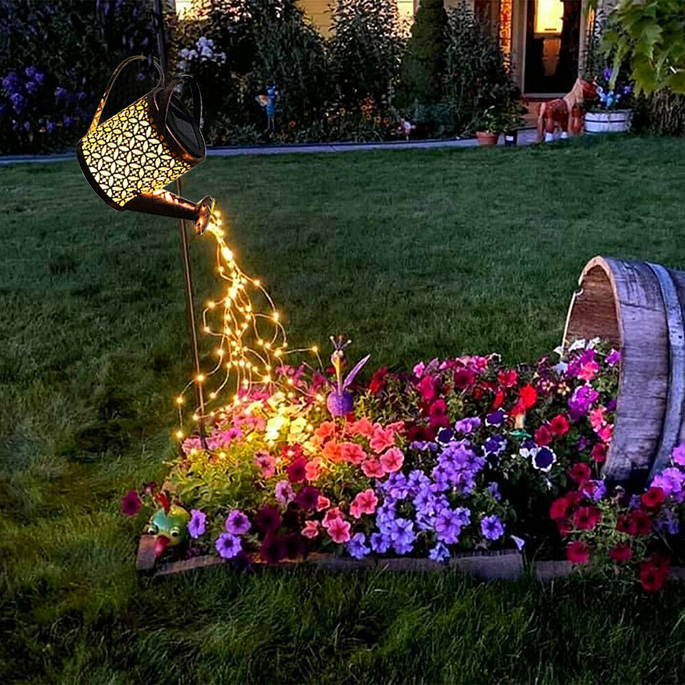 Solar Power LED Watering Can String Light Outdoor Garden Art Waterfall Decor