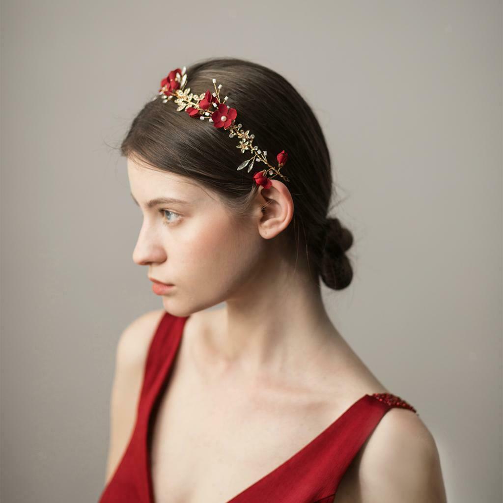 Bridal Rhinestone Flower Tiara  Hairband Wedding Hair Decor Wine Red
