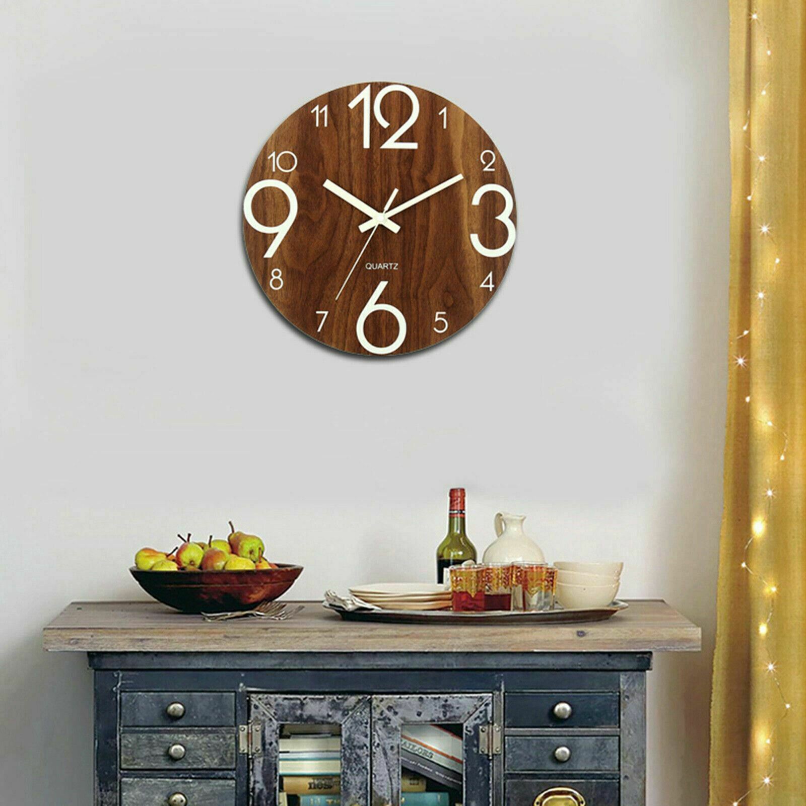 12" Luminous Silent Non Ticking Wooden Glow In Dark Home Decor Quartz Wall Clock