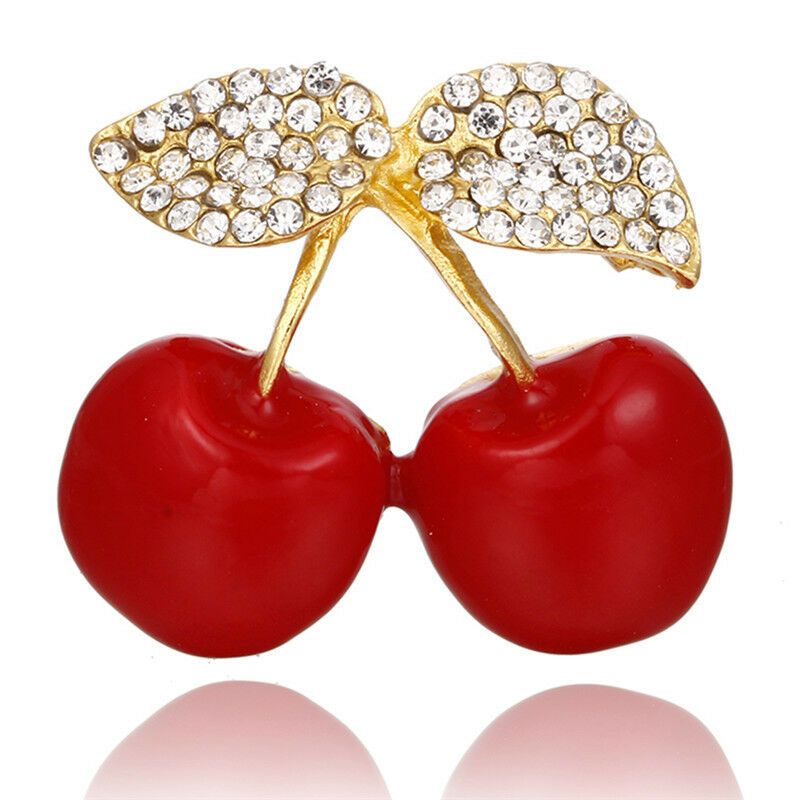 Enamel Rhinestone Crystal Red Cherry Brooch Pin Banquet Fruits Suits Pin.l8
