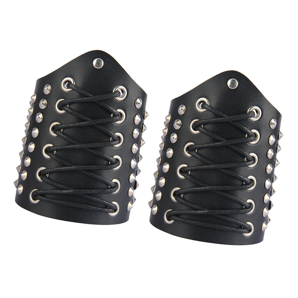 2Pcs Medieval Pu Leather Wristband Wide Bracer Gothic Arm Armor Cuff Black