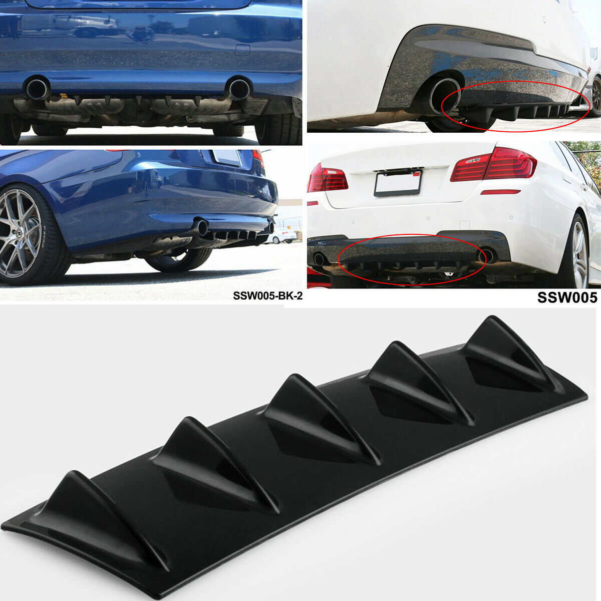 23'' x6'' Lower Rear Body Bumper Diffuser Shark Fin Kit  5 Fin PU Spoiler Black