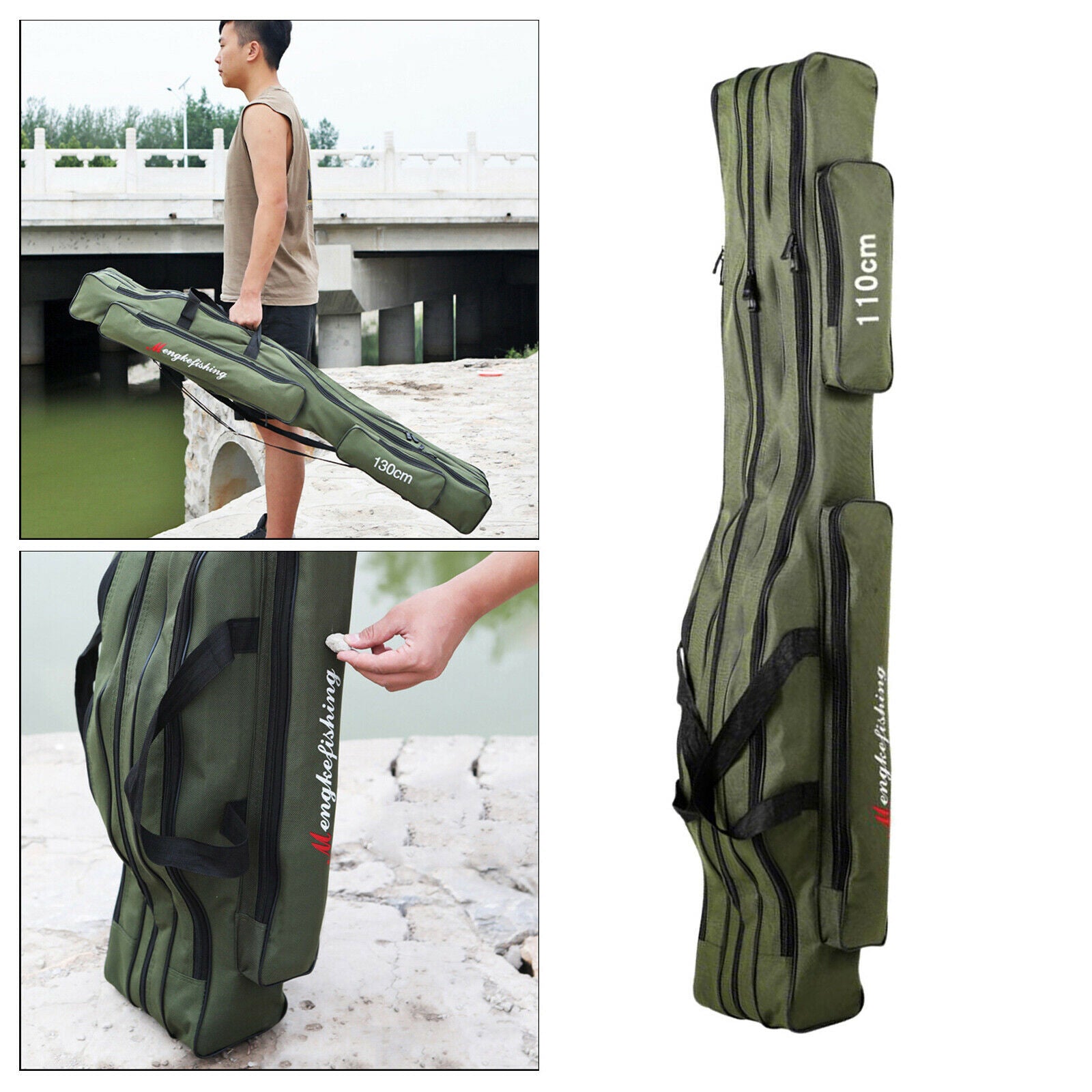 Fishing Rod Bag Carrier Pole Storage Case Tackle Reel 3 Layers 150cm Green