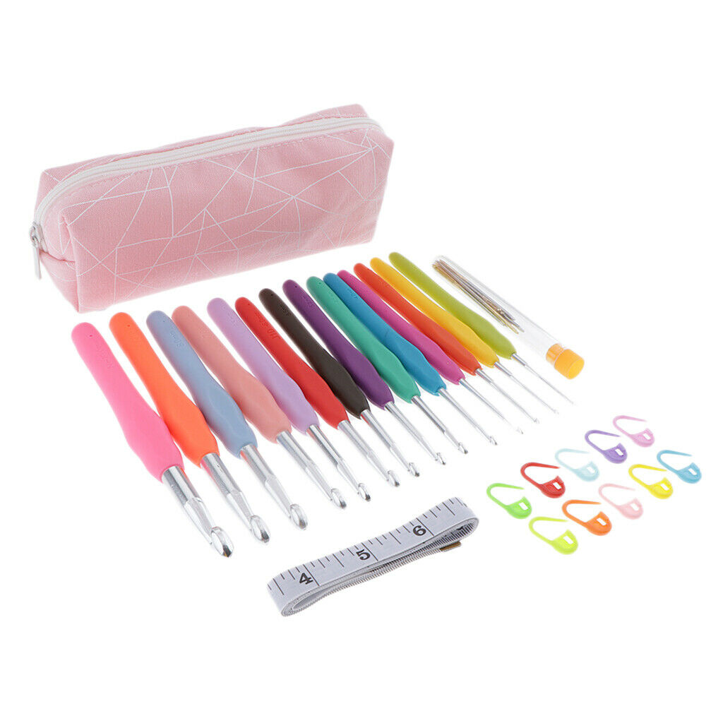 Crochet Hooks Kit - 14pcs Knitting Hook and 10 Crochet Locking Marker Pink
