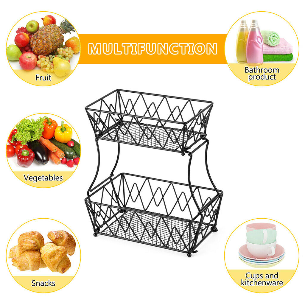 Detachable 2-Tier Fruit Basket Fruit Holder Kitchen Stand for Fruits Black