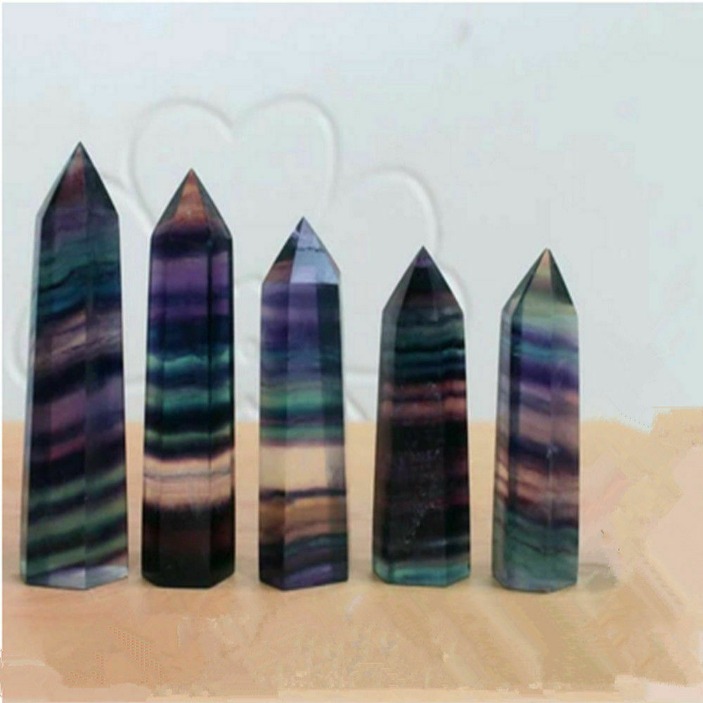 50g 50-60MM Natural Colorful Fluorite Quartz Crystal Wand Point Healing Stone~