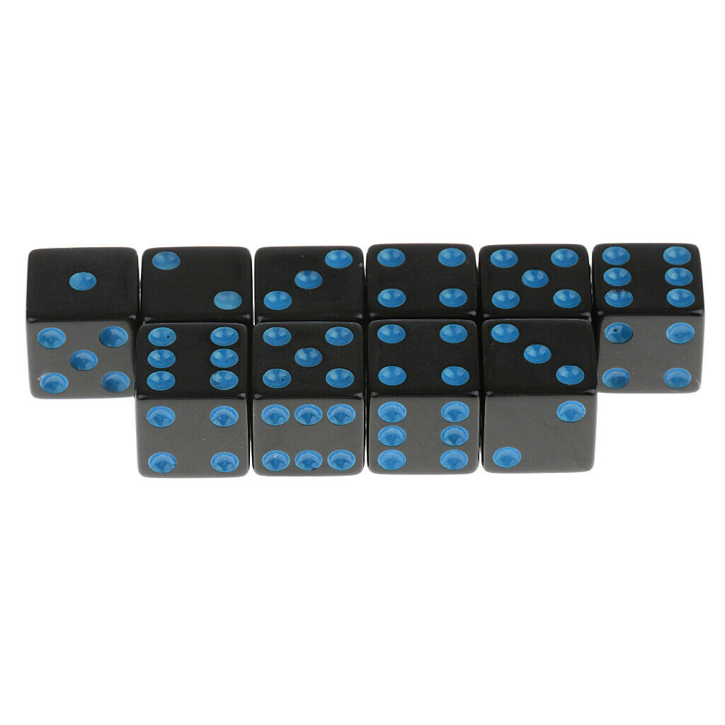 Pack of 10 Acrylic 6 Sided Square D6 16mm Standard Dice Black w/ Blue Pips