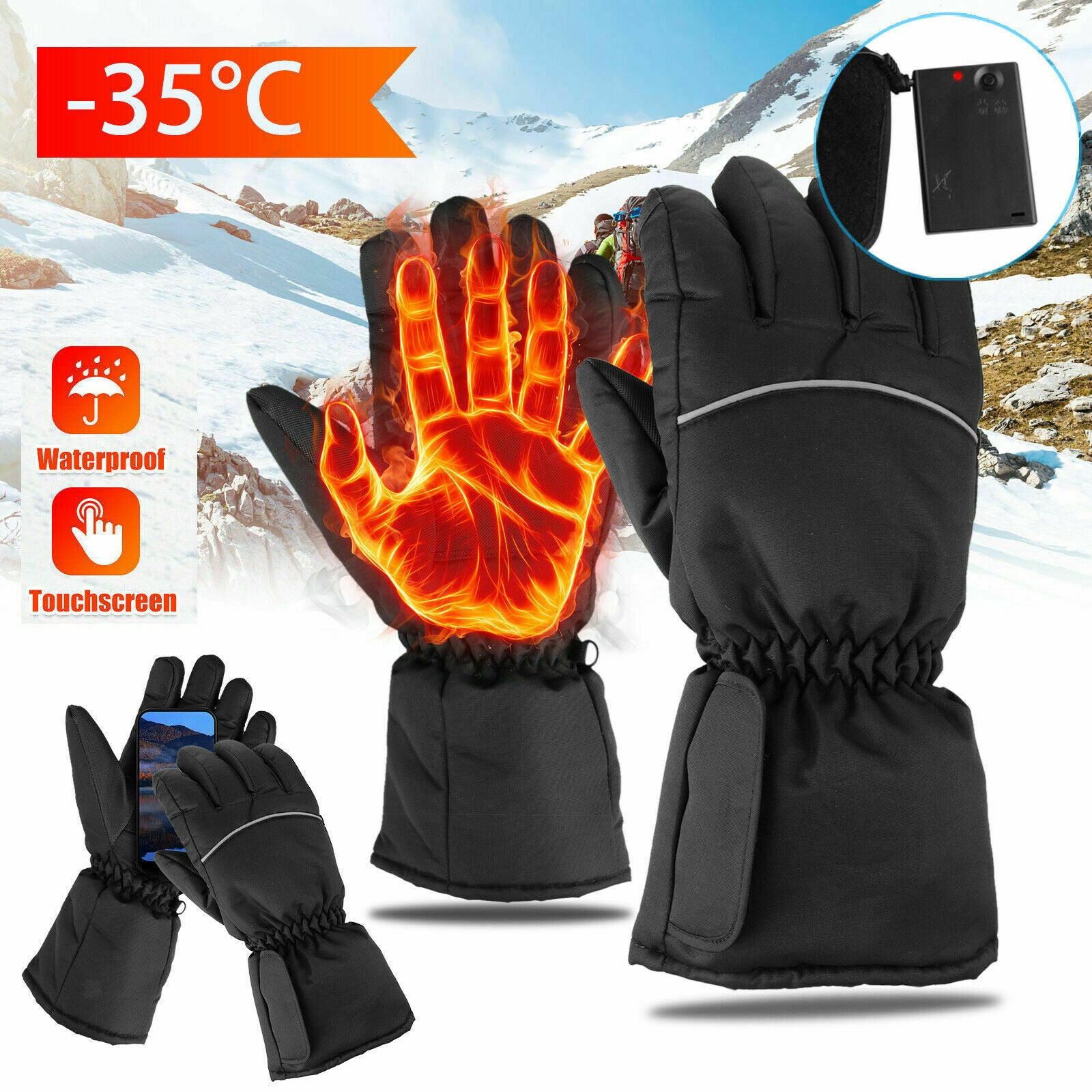 Warm Thermal Heated Gloves Touch Screen for Men Women BMX UTV Outdoor Ski