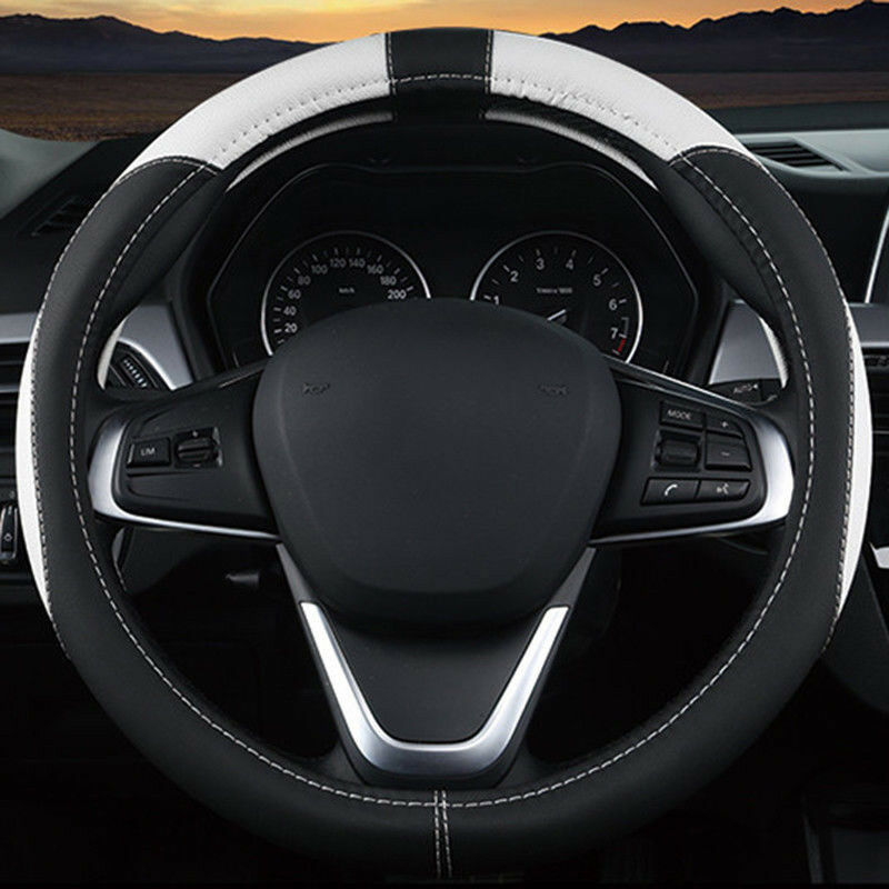 15'' 38cm PU Sport Leather Anti-Slip Car Steering Wheel Cover Black&White Pretty