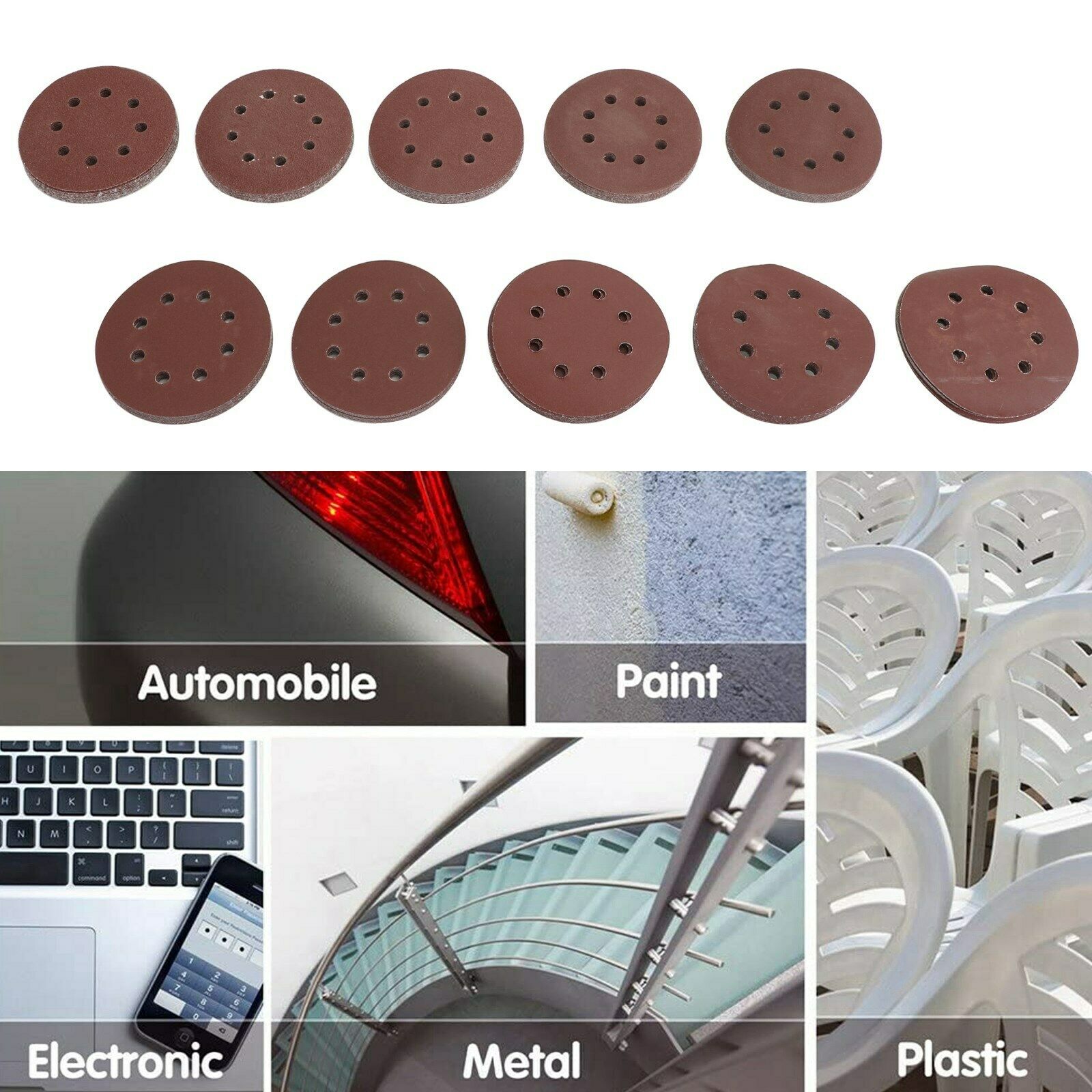 100 pack Sanding Discs 5 Inch 8 Holes Hook & Loop Random Orbital Sandpaper Grit