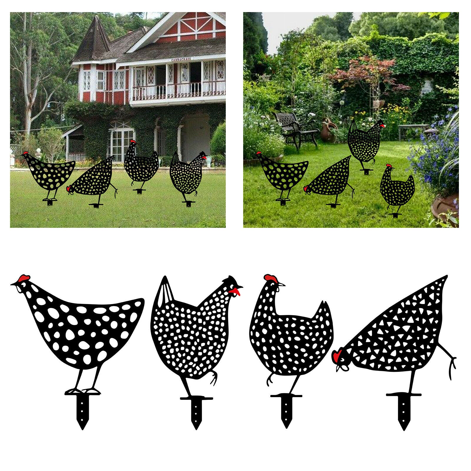4x Chicken Silhouette Hollow Out Stakes Outdoor Garden Pathway Decoration