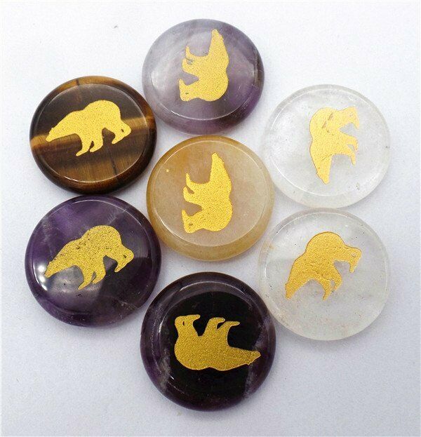 7Pcs 25x6mm Natural Multicolor Mixed Stone Bear Symbol Reiki Stone Set HH7704