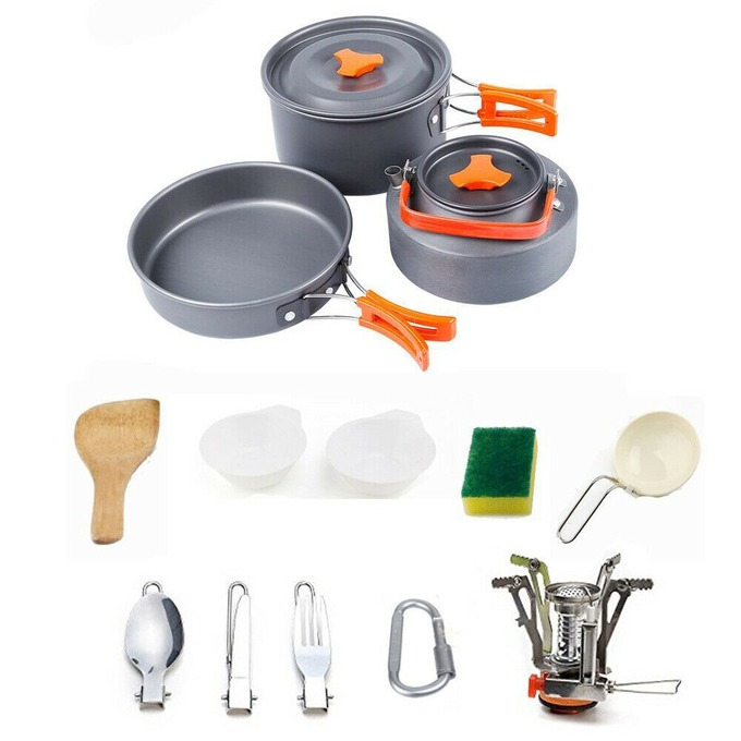 12xOutdoor Camping Hiking Cookware Cooking Picnic Pot Pan Set For 1-2 Person