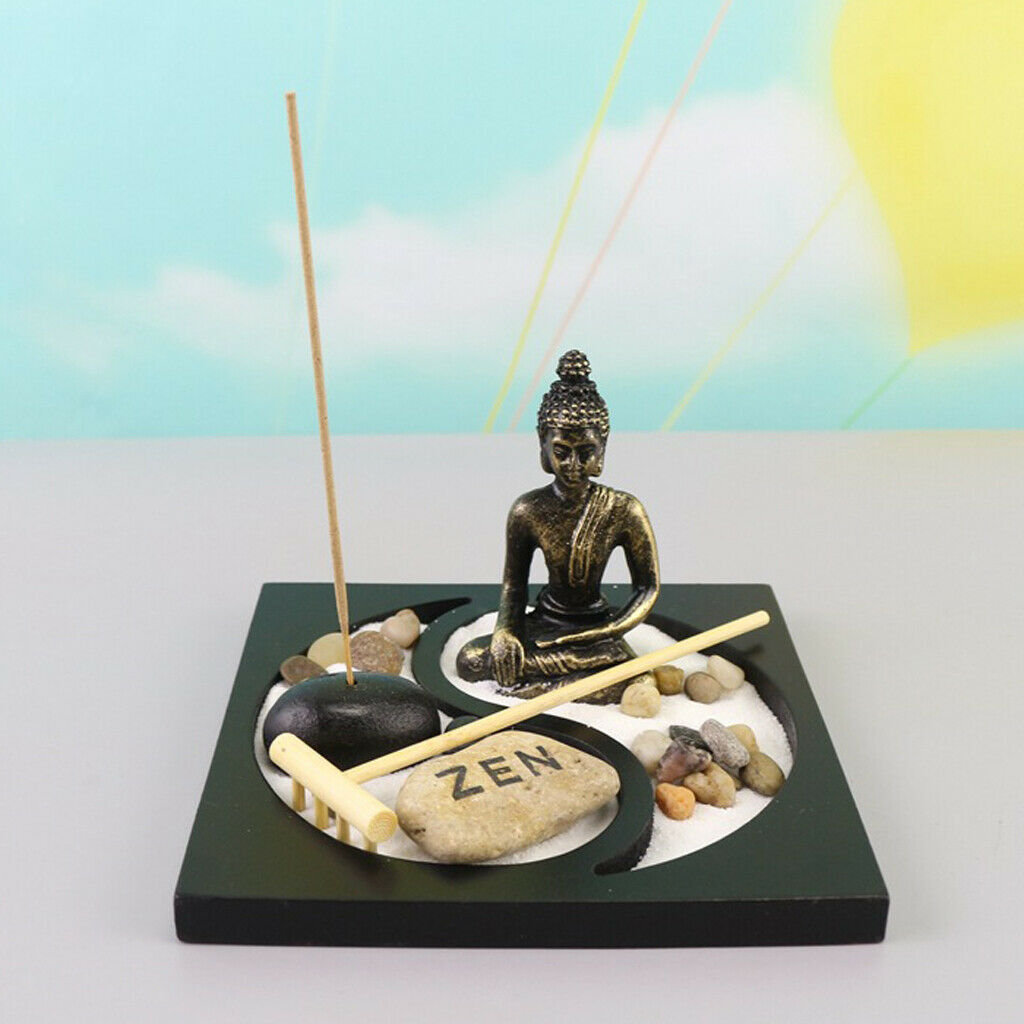 Meditation Buddha Statue Zen Garden Sand Rock Rake Incense Burner Scene