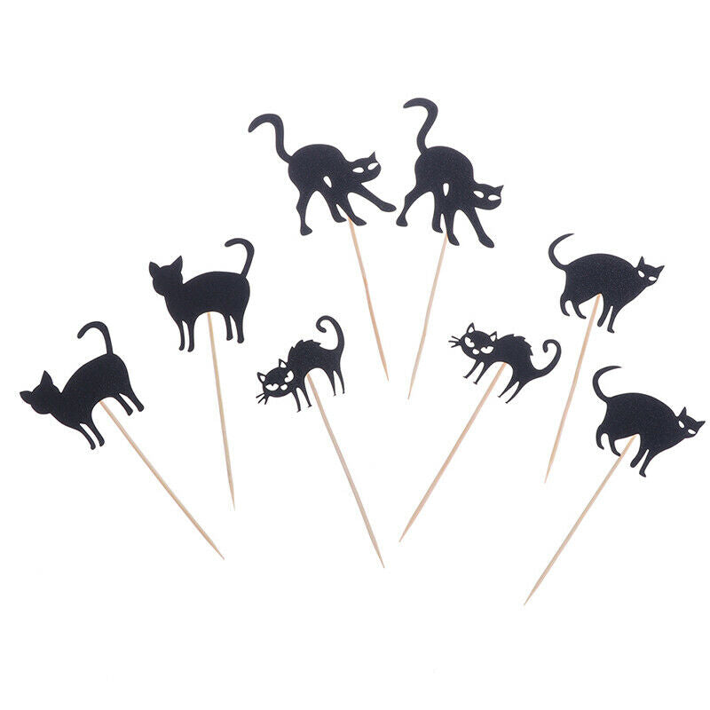 8pcs Halloween Horror Cupcake Cake Toppers Black Cat Dessert Party Decora.l8
