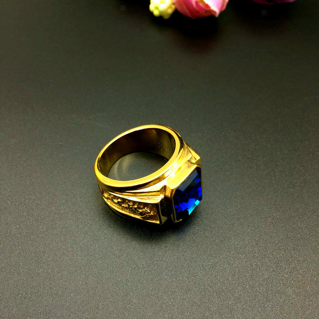 Golden Carved Flying Dragon Stainless Steel Ring with Glitter Blue Gem US9