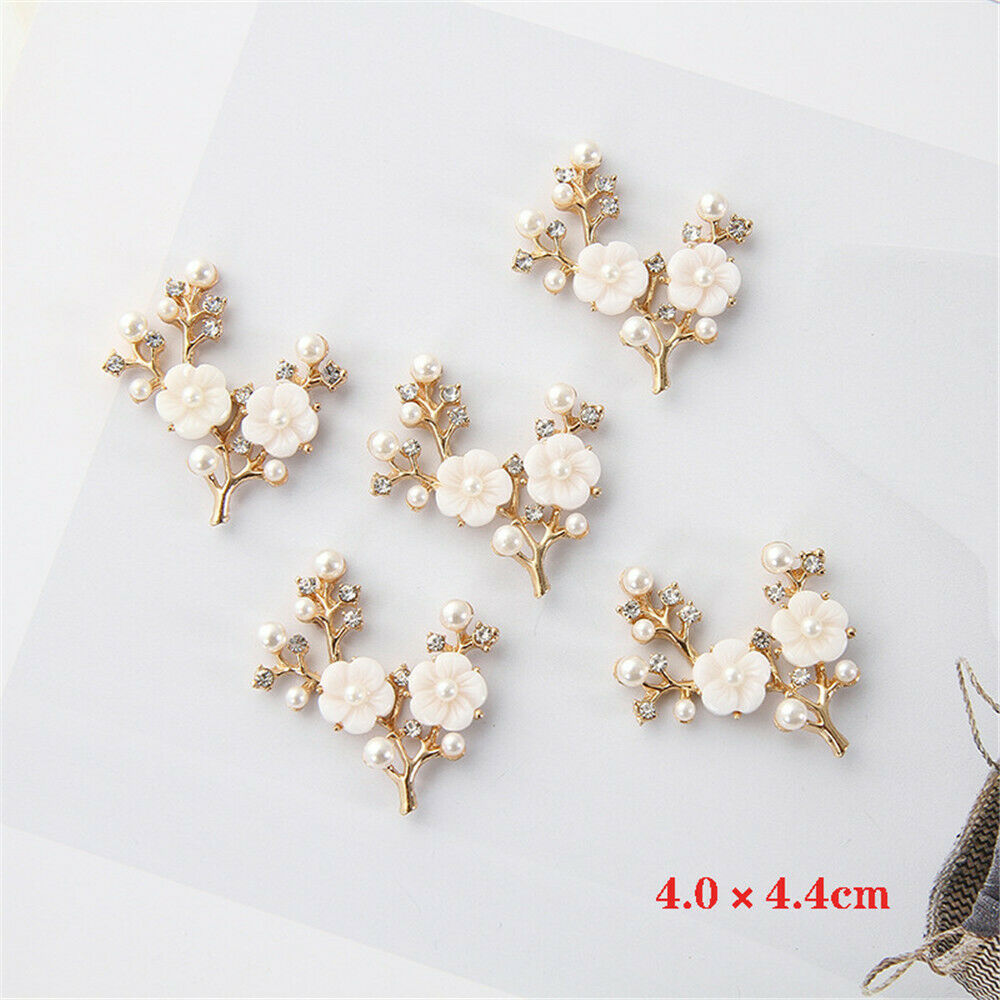 2pcs Golden Crystal Flower Branch with Faux Pearls Embellishments Decors 44x40mm