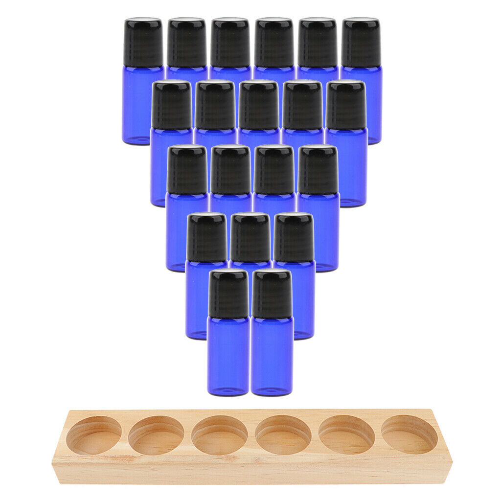 Wood Essential Oil Display Rack Holder Stand + 20 Glass Roller Ball Bottles