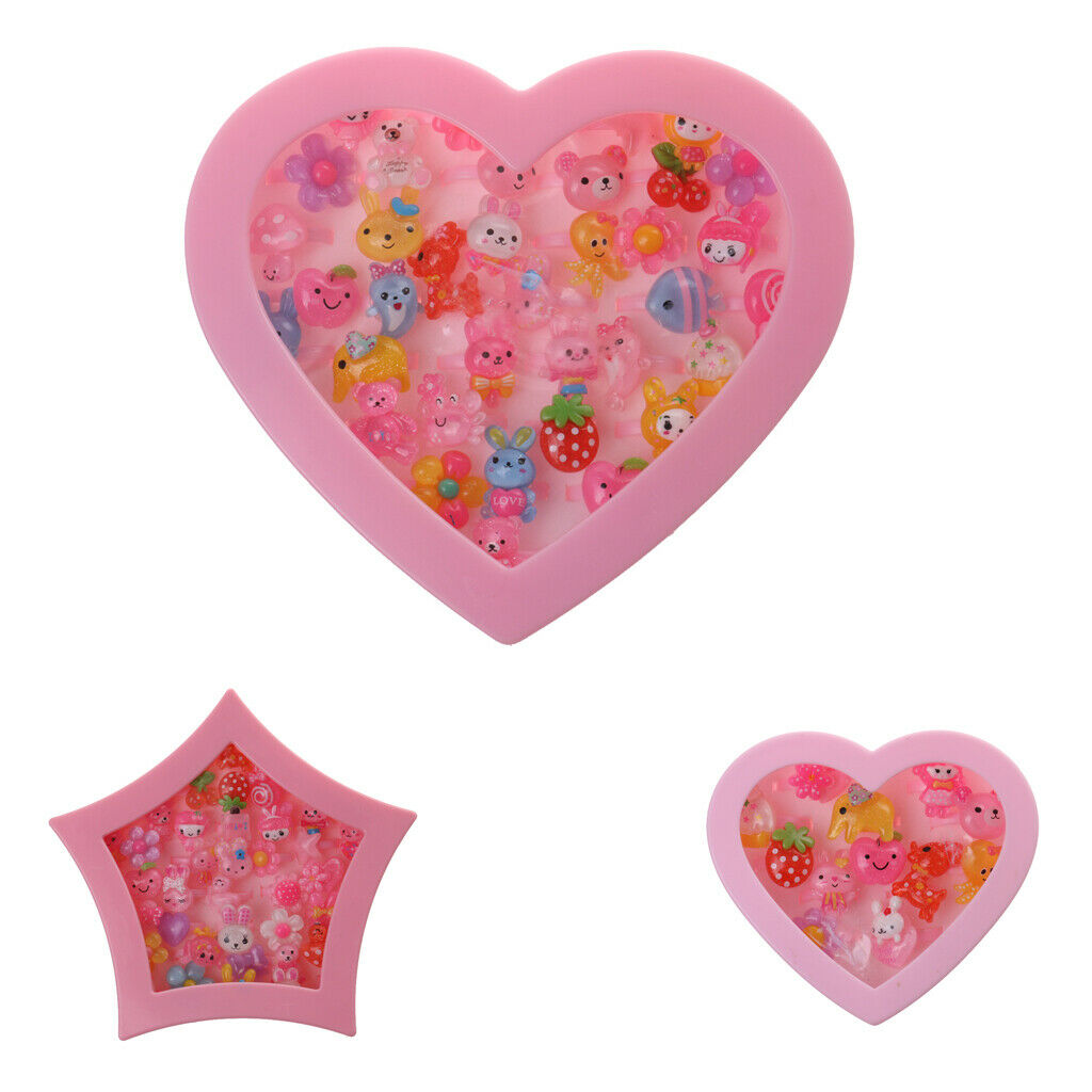 2x Kids Pink Plastic Rings with Heart Gift Box Girls Jewelry Set Xmas Gift 12pcs