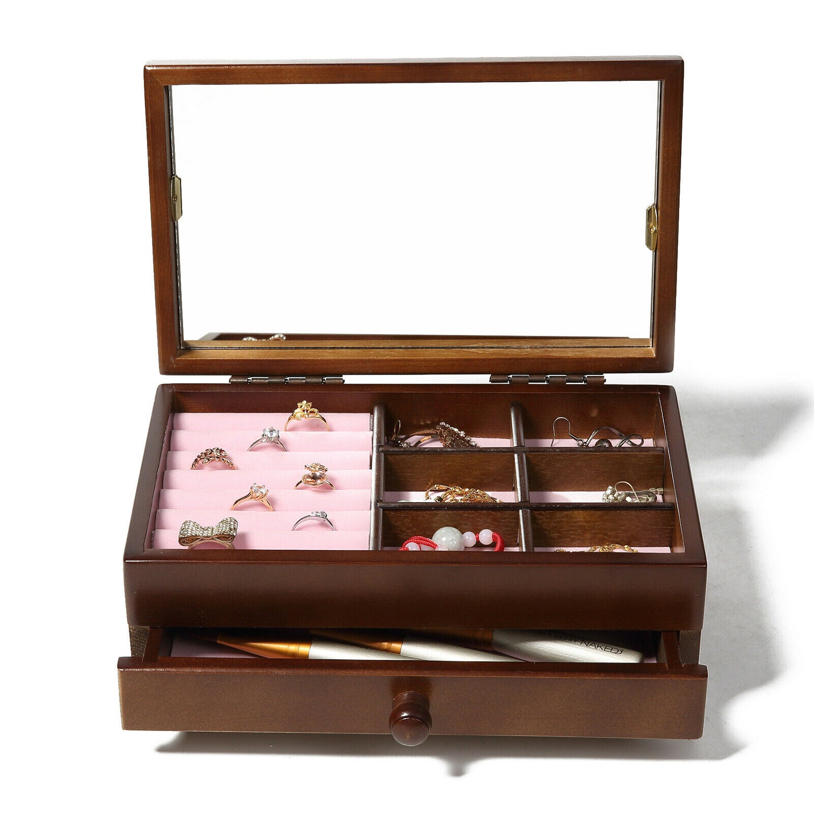Soft Lining Wooden Jewelry Storage Box for Watches Bracelet Earrings 2 Tier