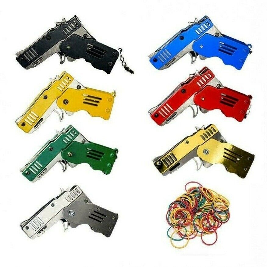 50+ HOT Rubber Band Gun Mini Metal Folding 6-Shot with Keychain and Rubber Band
