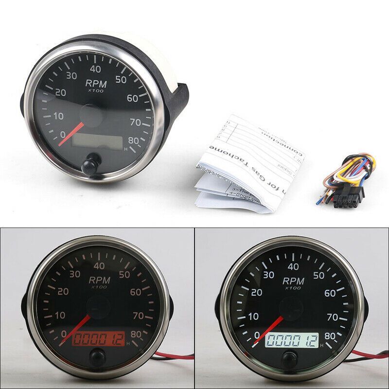 85mm 12V/24V 0-8000RPM Tachometer Gauge Tacho Meter w/ Digital LCD Hourmeter Kit