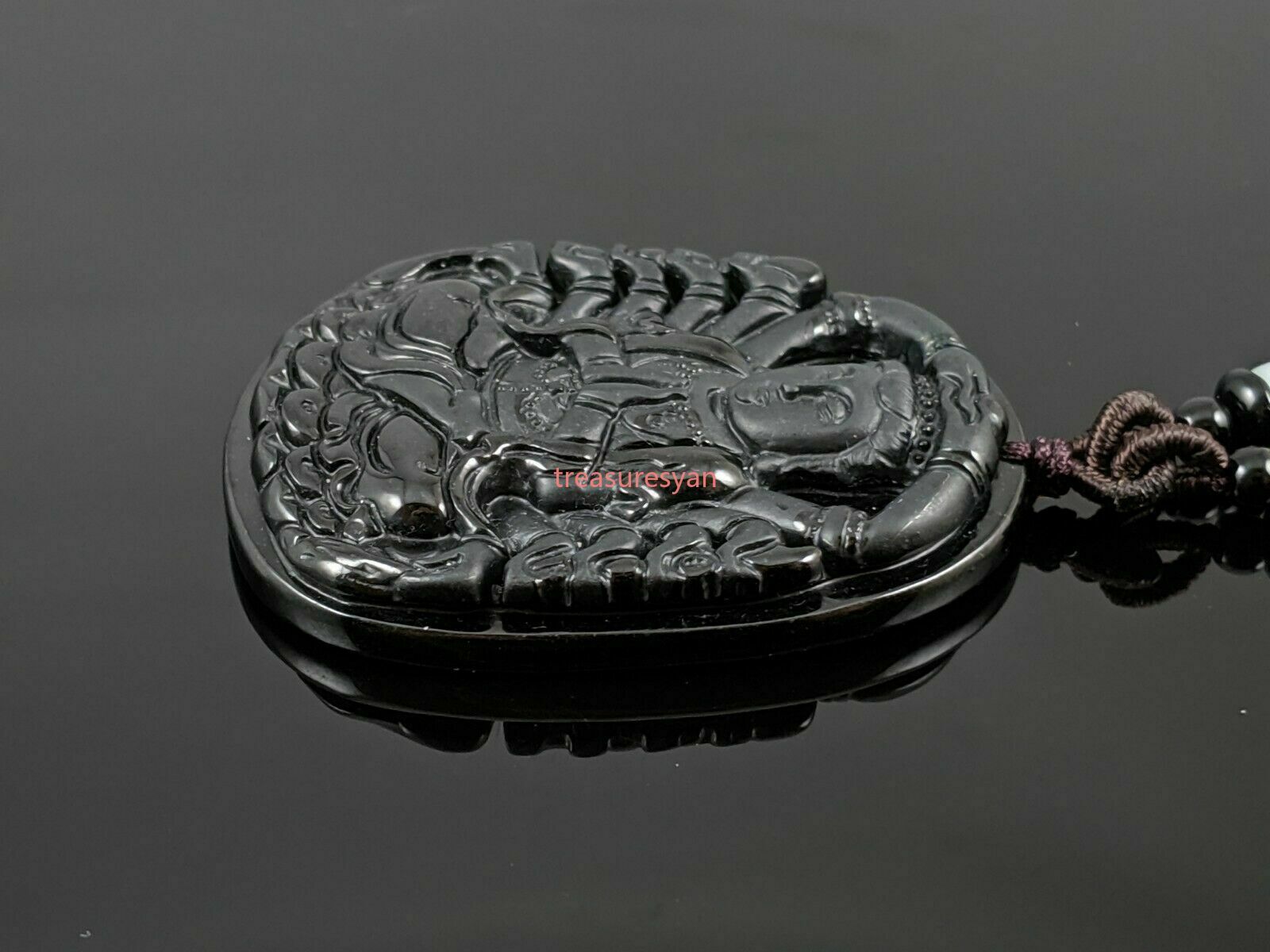 Natural Burmese Grade A Black Jadeite Jade Guan Yin Pendant with Woven Necklace