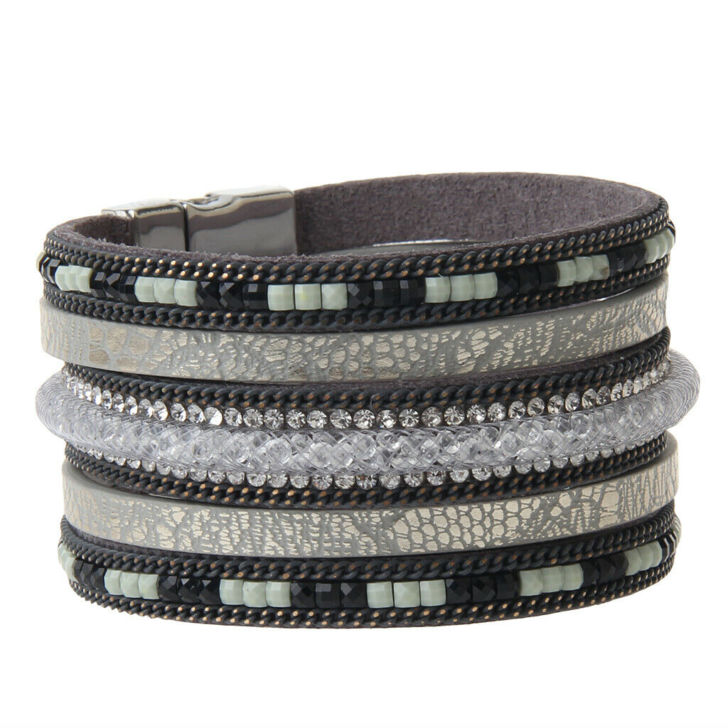Punk Rock Wide Leather Men's Cuff Bangle Bracelet Crystal Net Band Grey
