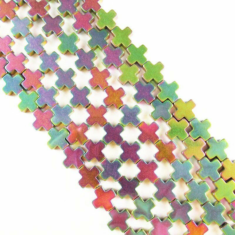 One Strand 8x8x3mm Rainbow Hematite Cross Pendant Loose Bead 15.5 inch A-390TS