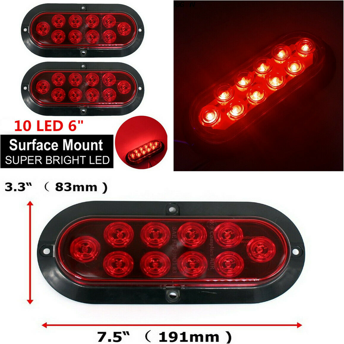 2x 10 LED 6" Red Oval Car Truck Trailer RV Brake Stop Turn Signal Tail Light 12V