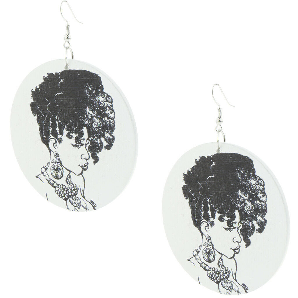 1 Pair African Girl Earrings Wooden Round Tag Hippy Hook Tribe Ear Jewelry E