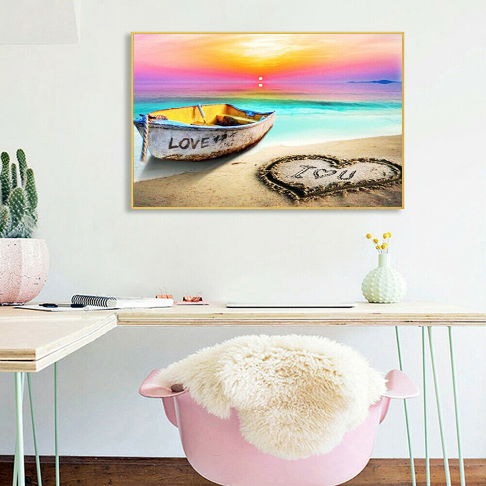 5D DIY Full Square Diamond Painting Beach Boat Rhinestone Wall Handwork Kit @