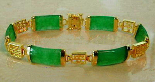 Natural Emerald Green Jade 18KGP Fortune Longevity Luck Link Bracelet 7.5"