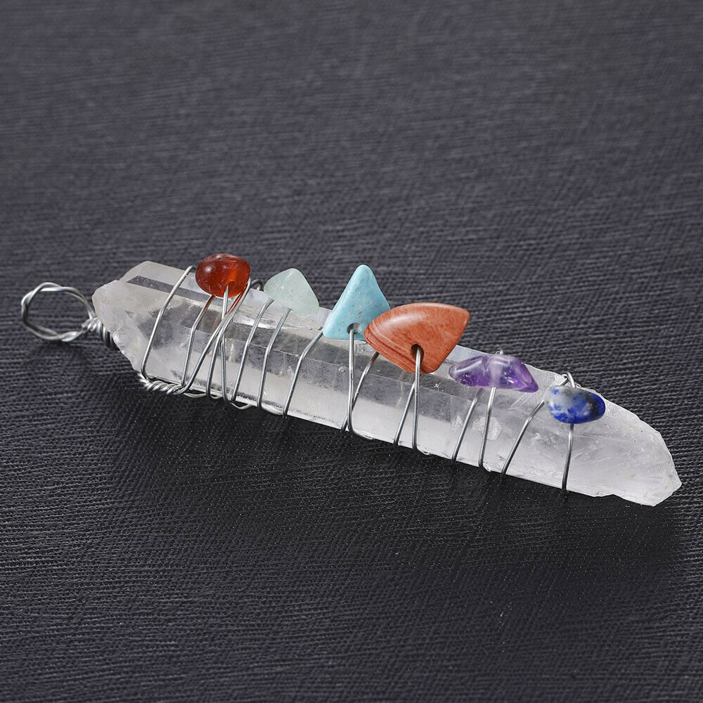 Natural Healing Crystal 7 Chakra Stone Wire Wrap Reiki Quartz Pendulum Pendant
