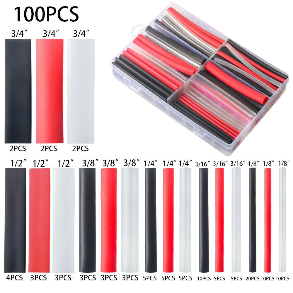 100Pcs Heat Shrink Tubing Marine Dual-Wall Adhesive Lined 3:1 Black&Red&Clear