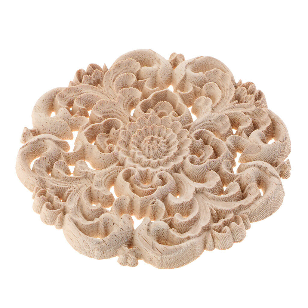4Pcs Round Natural Wood Carved Flower Corner Onlay Applique Frame Unpainted