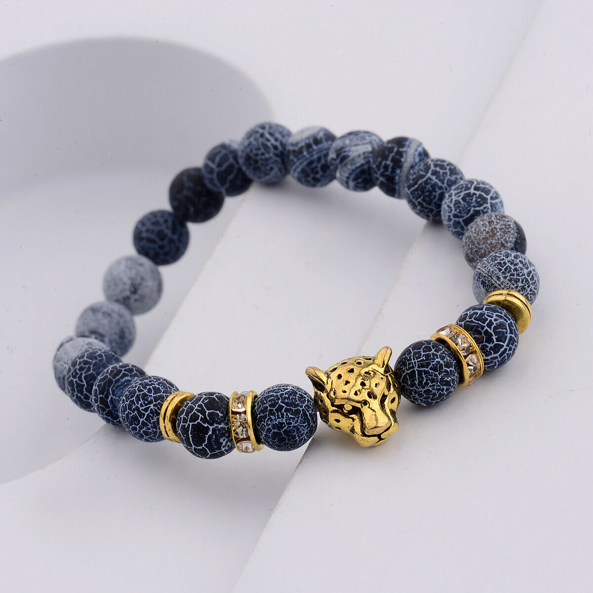 Fashion Man Leopard Head Beaded Bracelets Lava Rock Stone Beads Energy Bracelets