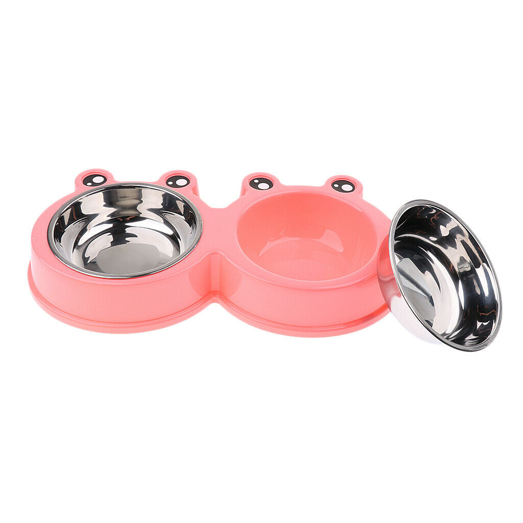 Frog Shape Dog Feeder Double Food Bowls Water Dish  Pink
